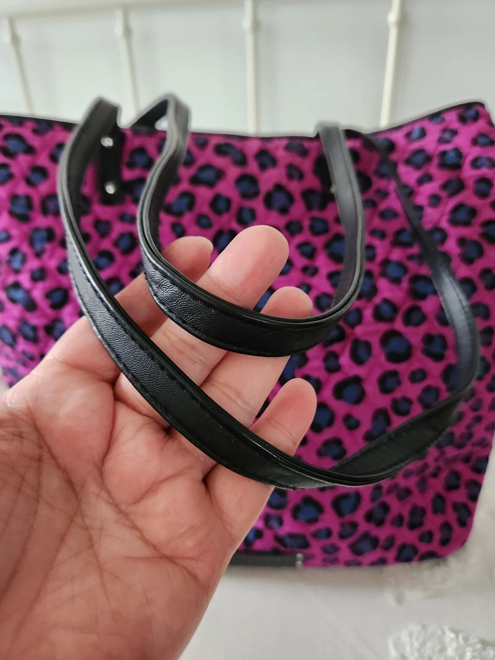 Vera Bradley Bright Pink Leopard Quilted Tote Bag with Black Trim